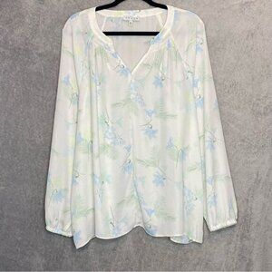 CHAUS XL Top Shirt White Floral Long Sleeve V Neck Casual Women’s P21